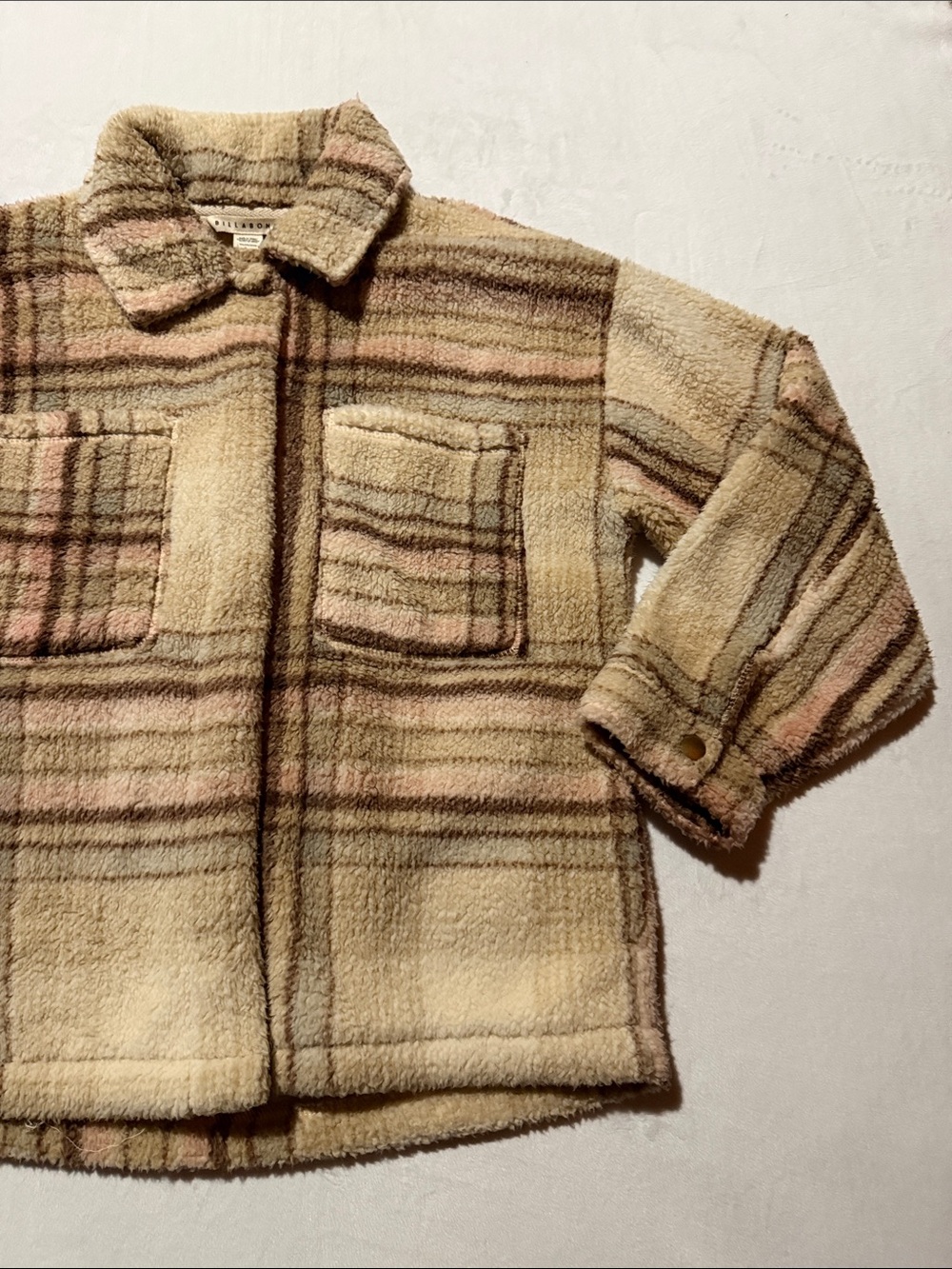 Billabong Plush Plaid Teddy Jacket in Cream and Pink Sherpa - Picture 4 of 6